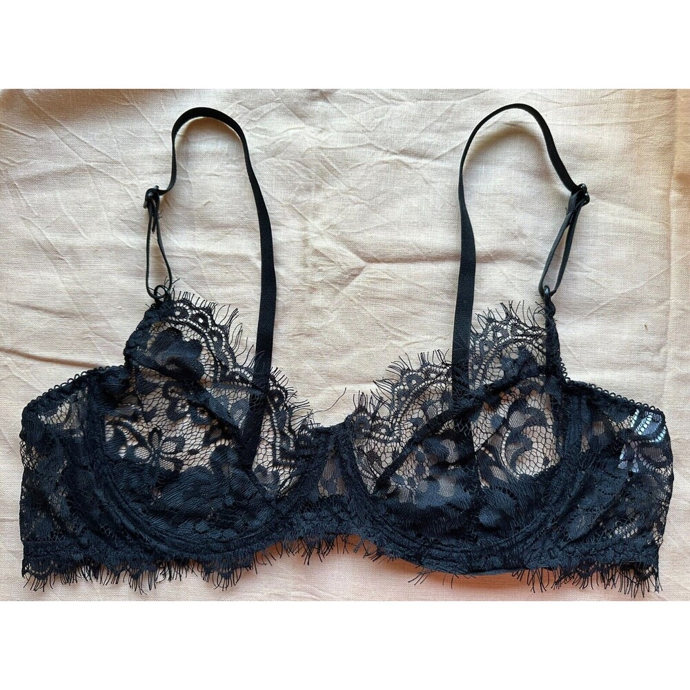 Lightweight Airy Floral Lace Underwire Bra Unlined Black Back Hook Size L